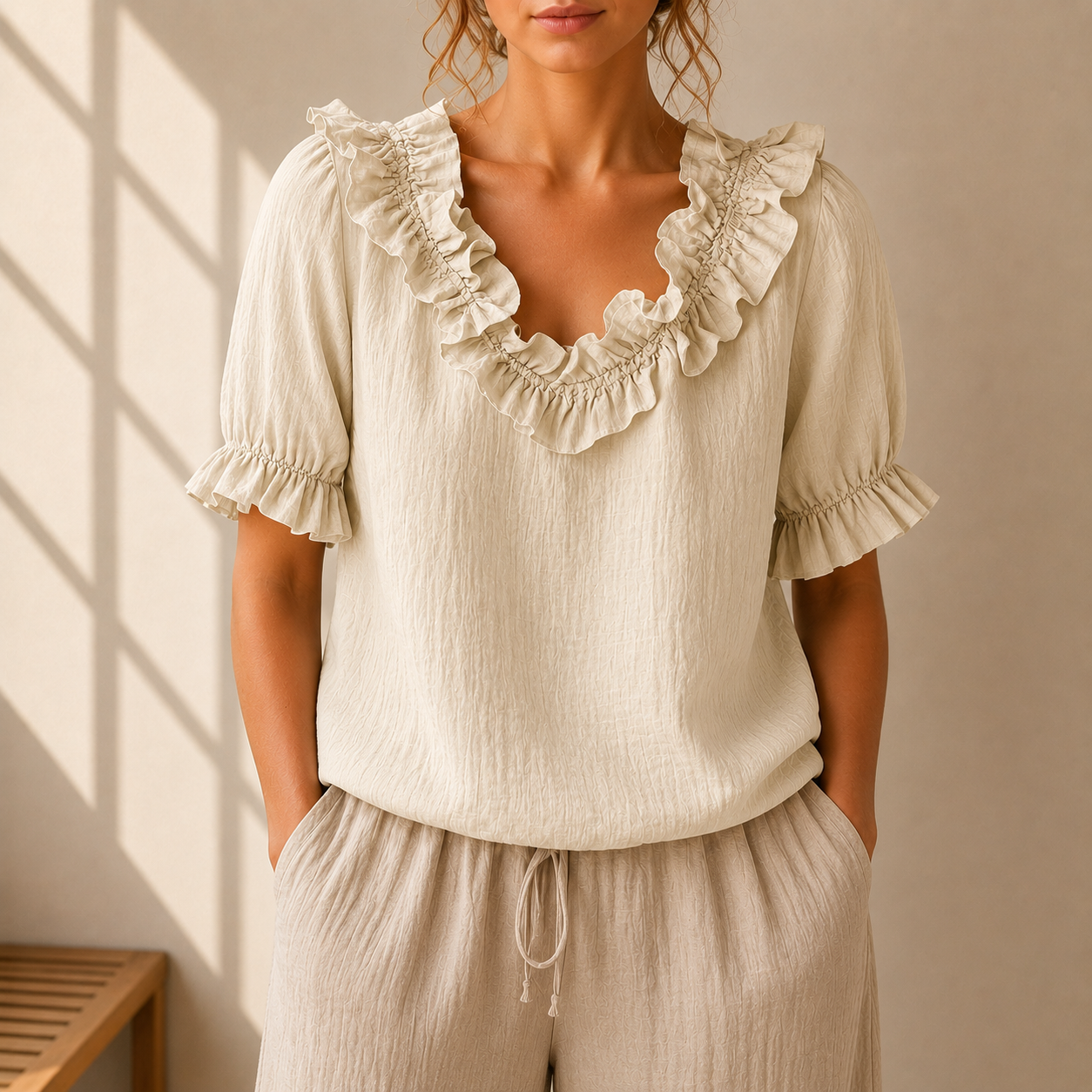 Women's Ruffle Neckline Blouse – product view | Hensley London