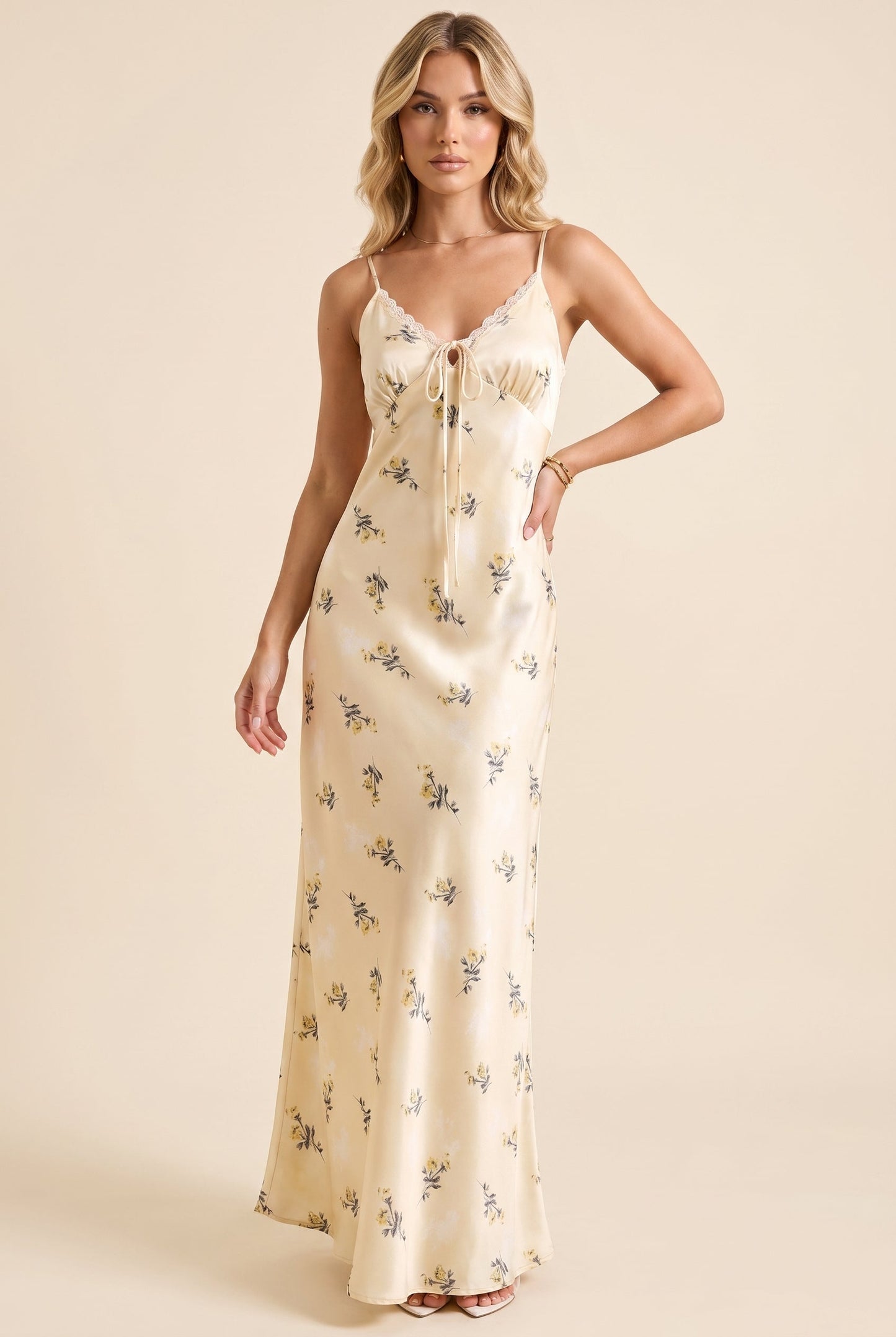 Women's Floral Midi Dress Floral Satin Lace Trim Summer - 1