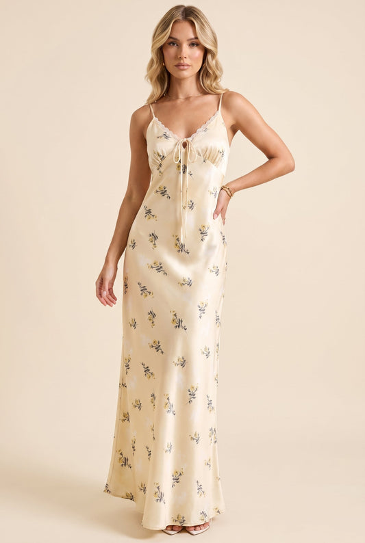 Women's Floral Midi Dress Floral Satin Lace Trim Summer - 1