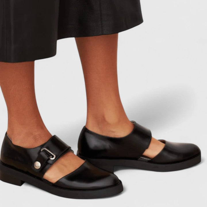 Women's Elegant Shoes Black Leather Low Heel - 2