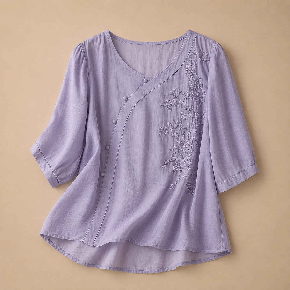 Women's Asymmetric Embroidered Blouse in Purple – product view | Hensley London