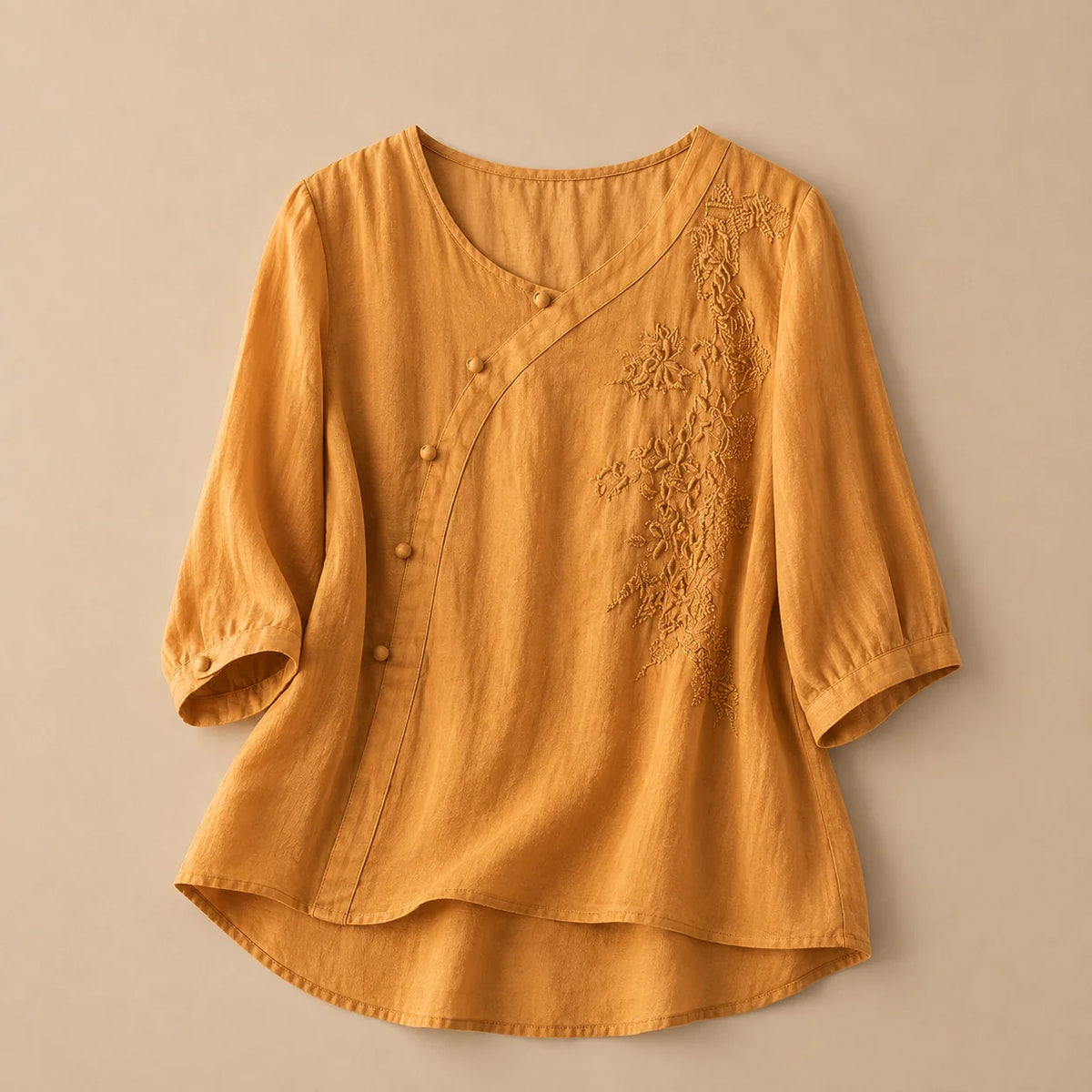 Women's Asymmetric Embroidered Blouse in Orange – product view | Hensley London