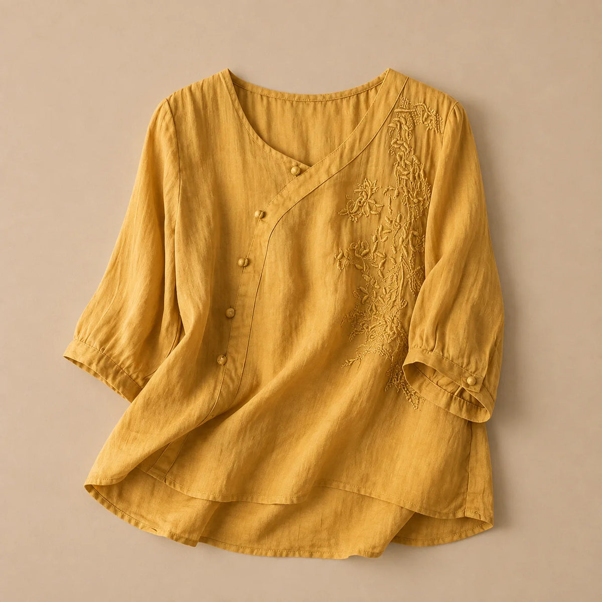 Women's Asymmetric Embroidered Blouse in Yellow – product view | Hensley London