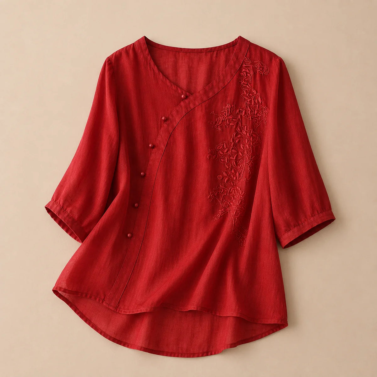 Women's Asymmetric Embroidered Blouse in Red – product view | Hensley London