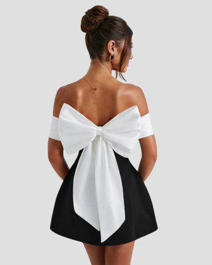 Women's Cocktail Dress Black Off-Shoulder Polyester with Bow-Back Detail - 2