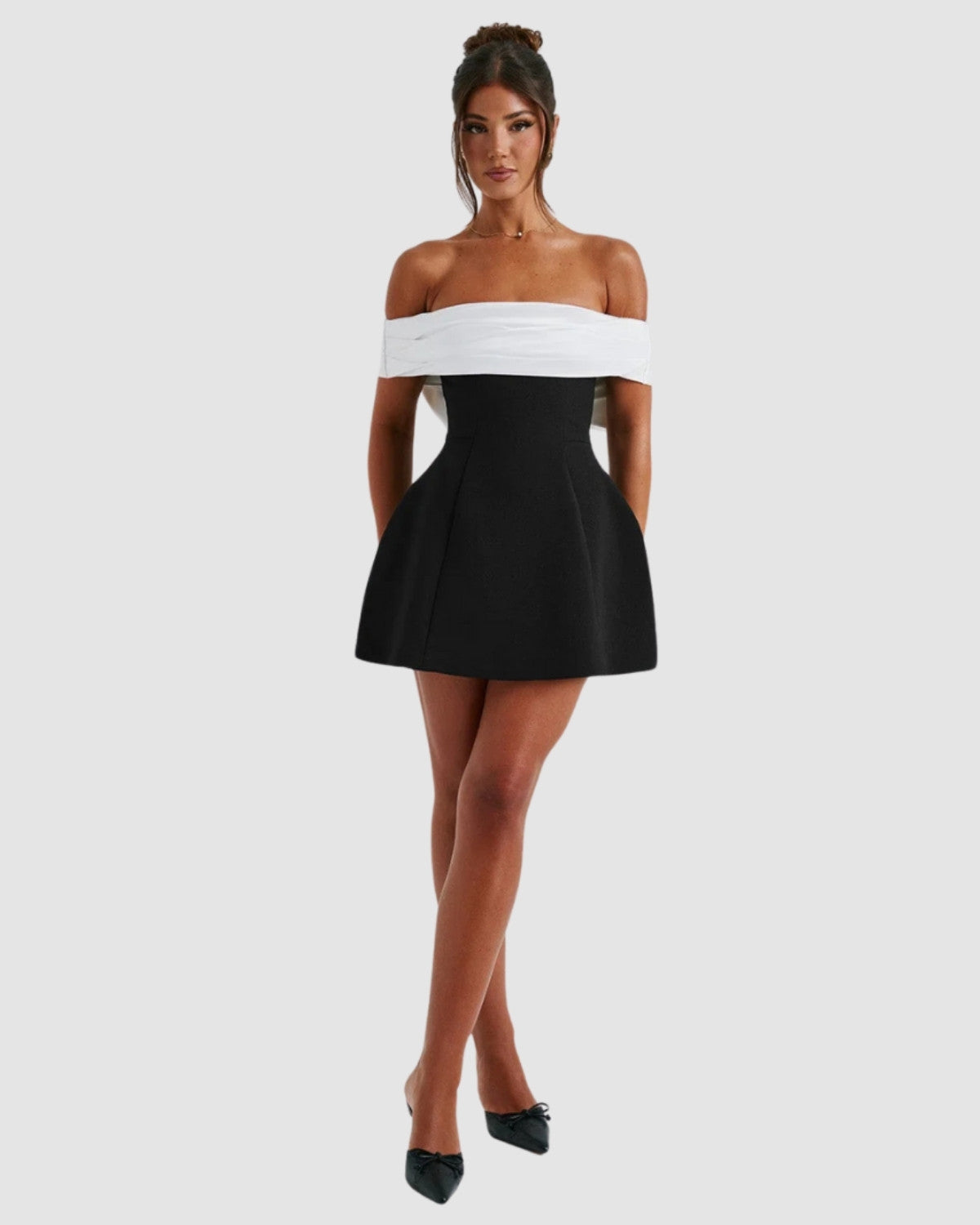 Women's Cocktail Dress Black Off-Shoulder Polyester with Bow-Back Detail - 3