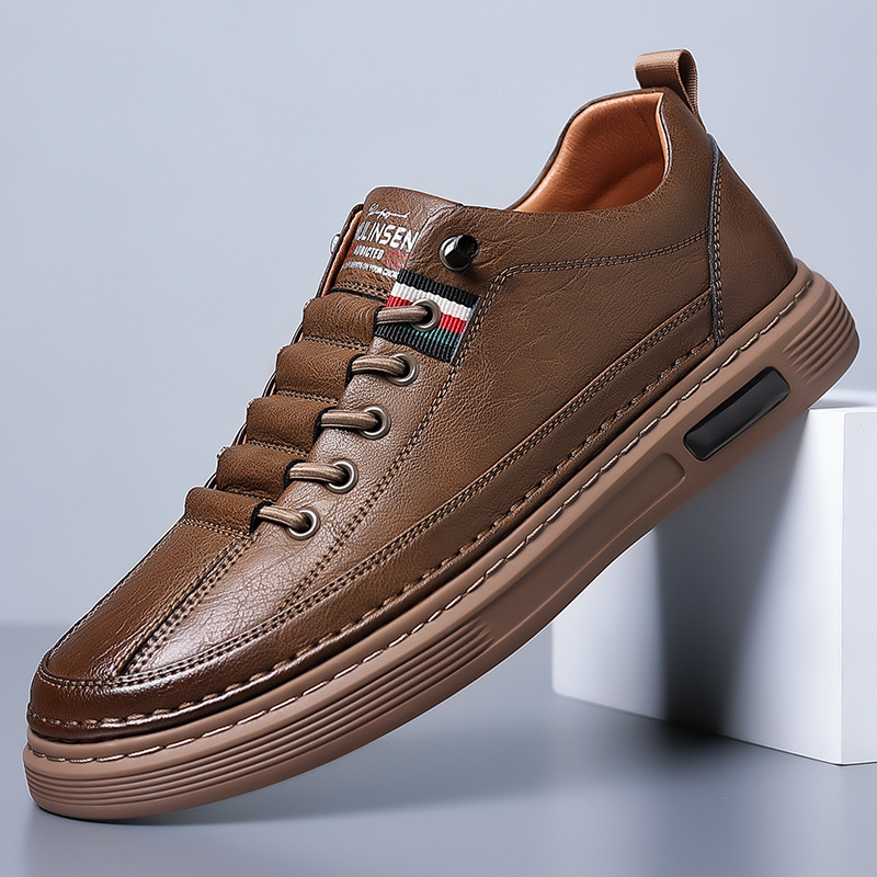 Men's Genuine Leather Low-Top Lace-Up Sneakers in Brown – front view | Hensley London