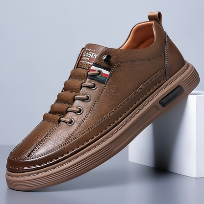 Men's Genuine Leather Low-Top Lace-Up Sneakers in Brown – front view | Hensley London