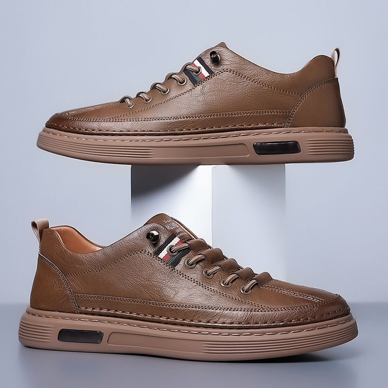 Men's Genuine Leather Low-Top Lace-Up Sneakers in Brown – side view | Hensley London