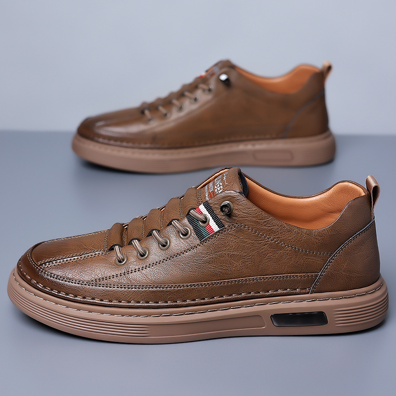 Men's Genuine Leather Low-Top Lace-Up Sneakers in Brown – detail view | Hensley London