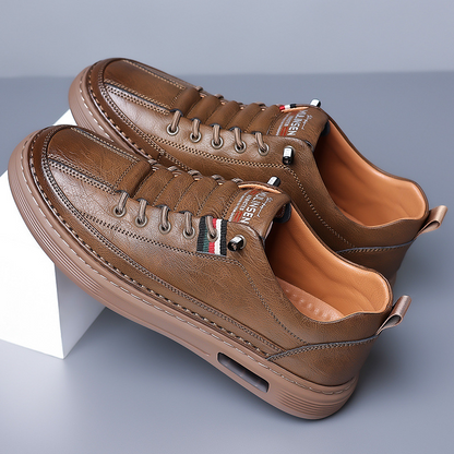 Men's Genuine Leather Low-Top Lace-Up Sneakers in White – front view | Hensley London