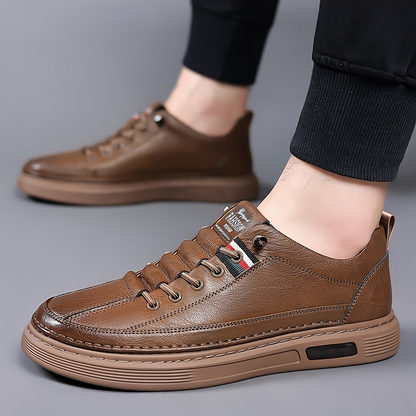 Men's Genuine Leather Low-Top Lace-Up Sneakers in White – side view | Hensley London