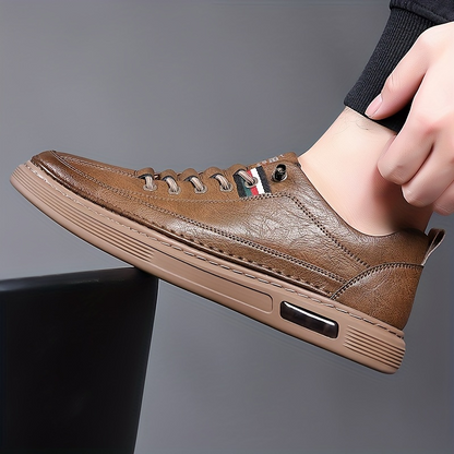 Men's Genuine Leather Low-Top Lace-Up Sneakers in White – detail view | Hensley London