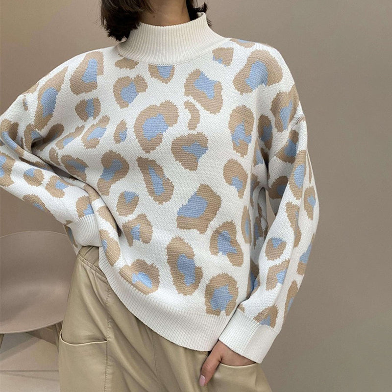 Loose-Fitting Leopard Print Turtleneck Long Sleeve Pullover Sweaters 0