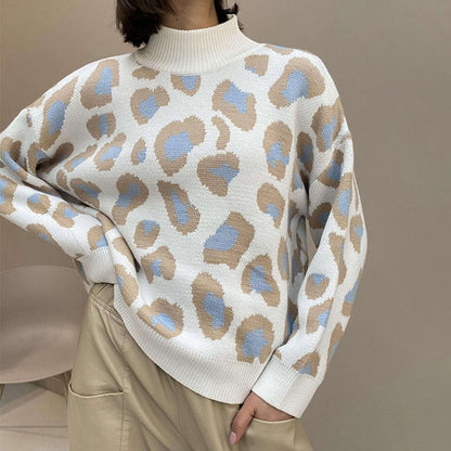 Loose-Fitting Leopard Print Turtleneck Long Sleeve Pullover Sweaters 0