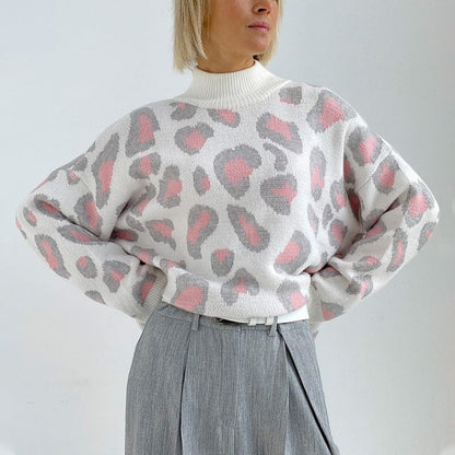 Loose-Fitting Leopard Print Turtleneck Long Sleeve Pullover Sweaters 1