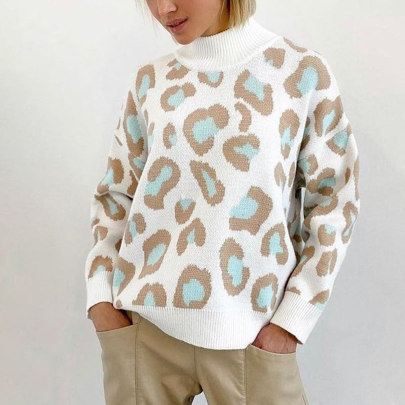 Loose-Fitting Leopard Print Turtleneck Long Sleeve Pullover Sweaters 2