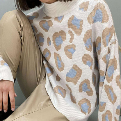 Loose-Fitting Leopard Print Turtleneck Long Sleeve Pullover Sweaters 3