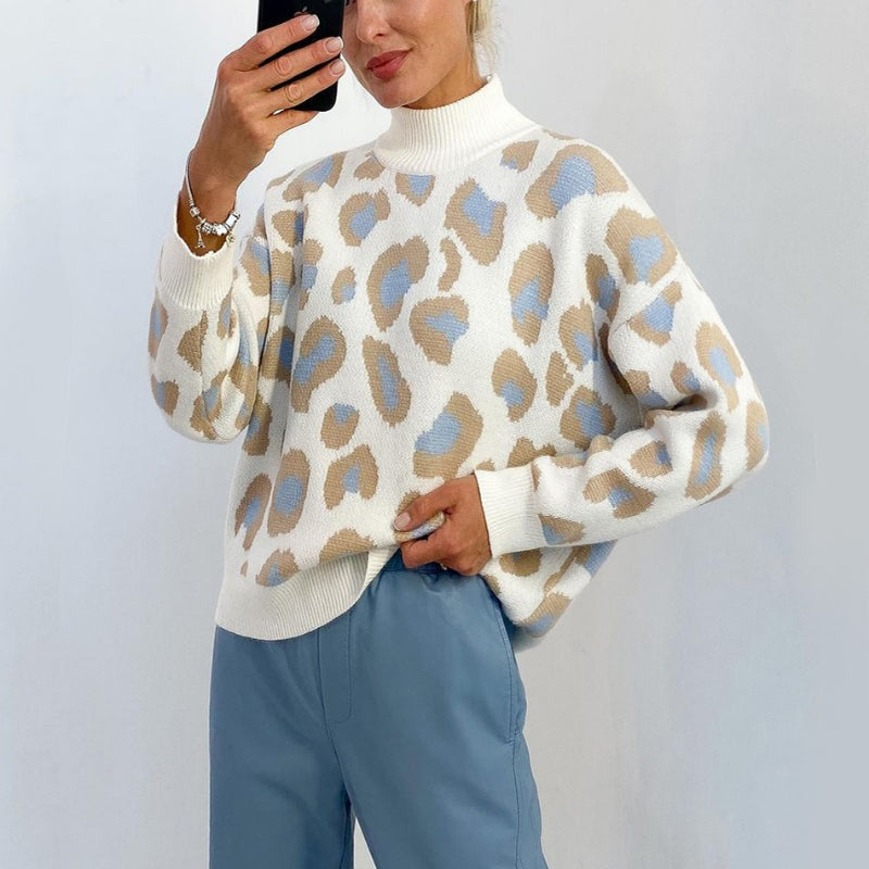 Loose-Fitting Leopard Print Turtleneck Long Sleeve Pullover Sweaters 4