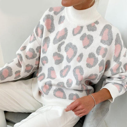 Loose-Fitting Leopard Print Turtleneck Long Sleeve Pullover Sweaters 5