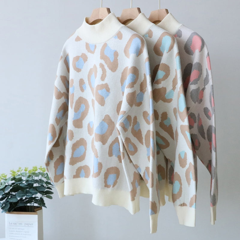 Loose-Fitting Leopard Print Turtleneck Long Sleeve Pullover Sweaters 8