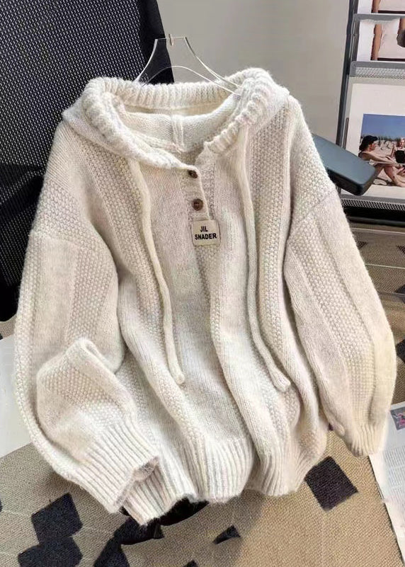 Women's Sweater Apricot Hooded Cotton Knit - 1