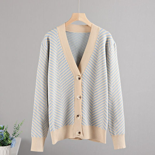 Loose Fit Striped Long Sleeve Knitted Winter Cardigan Sweaters 1