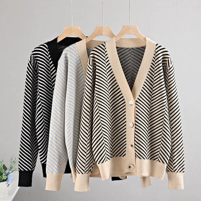 Loose Fit Striped Long Sleeve Knitted Winter Cardigan Sweaters 2