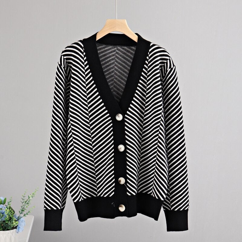 Loose Fit Striped Long Sleeve Knitted Winter Cardigan Sweaters 6