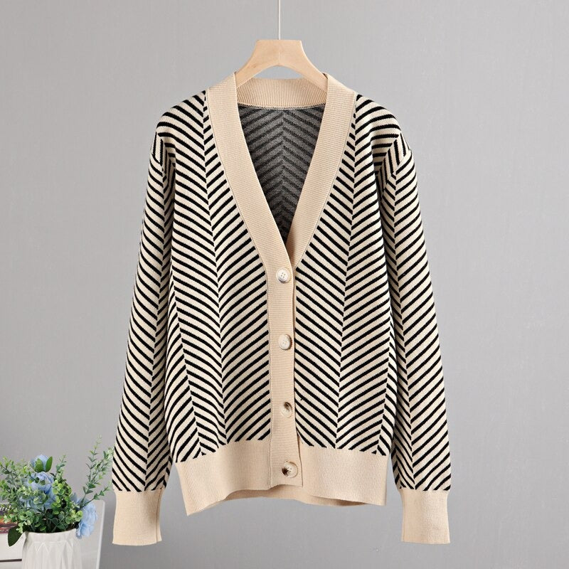 Loose Fit Striped Long Sleeve Knitted Winter Cardigan Sweaters 7