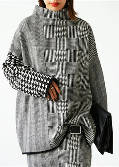 Women's Two Piece Set Grey Plaid Knit Sweater and Skirt - 3