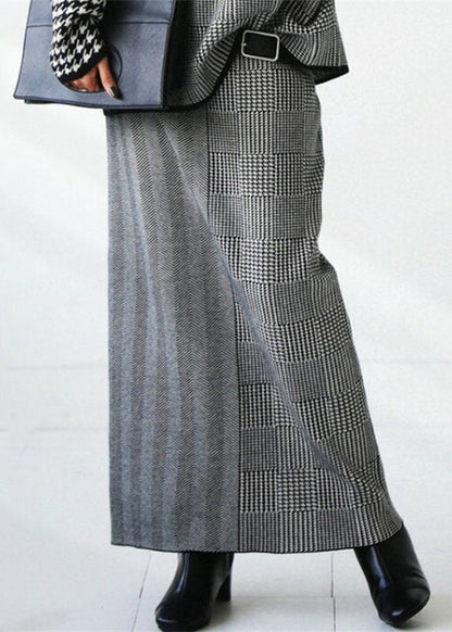 Women's Two Piece Set Grey Plaid Knit Sweater and Skirt - 4