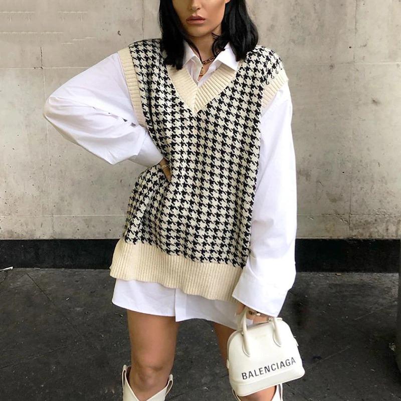 Loose Plaid Knitted Sweater Vest 0