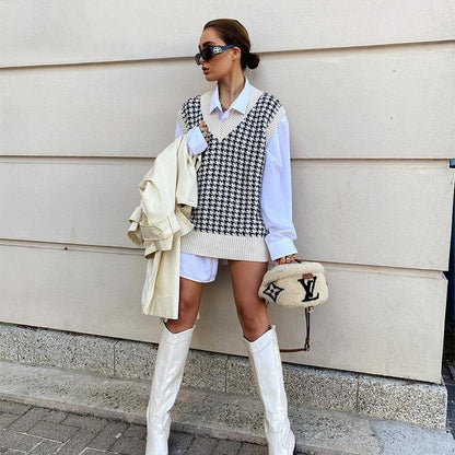 Loose Plaid Knitted Sweater Vest 4