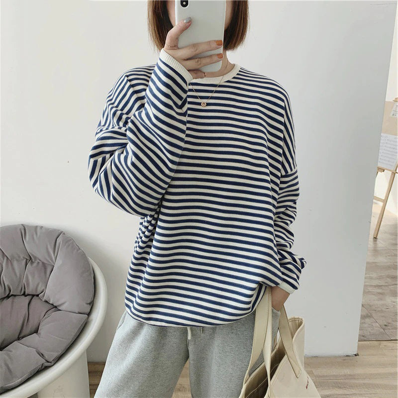 Loose Striped Pattern Knitted Long Sleeve Winter Pullover Sweaters 1