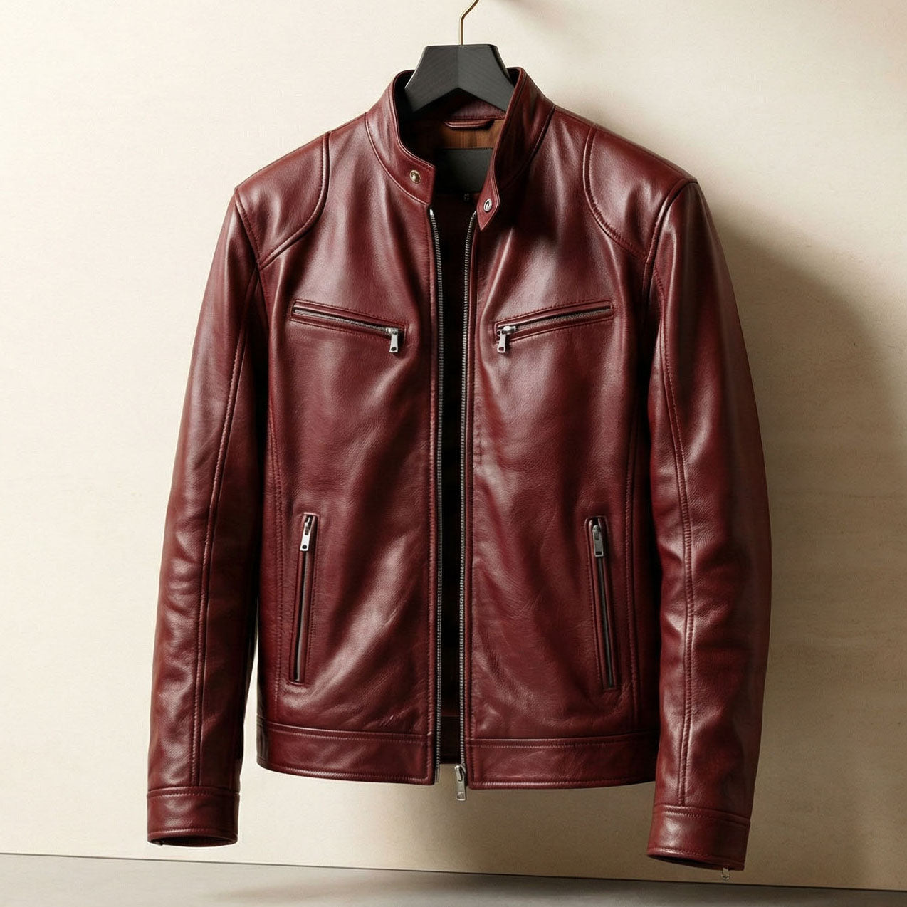 Men's Leather Zip Cafe Racer Jacket - front view | Hensley London