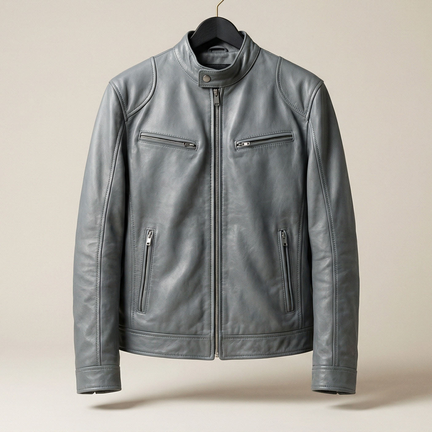 Men's Leather Zip Cafe Racer Jacket - detail view | Hensley London