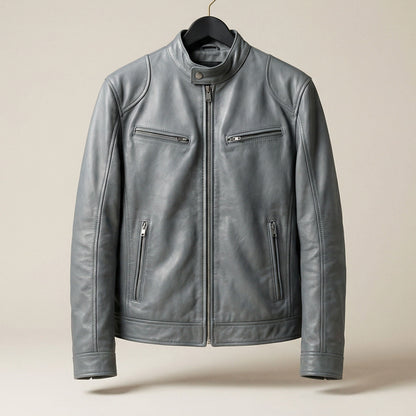 Men's Leather Zip Cafe Racer Jacket - detail view | Hensley London