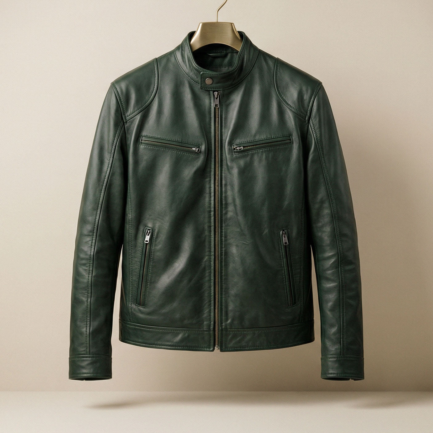 Men's Leather Zip Cafe Racer Jacket - detail view | Hensley London