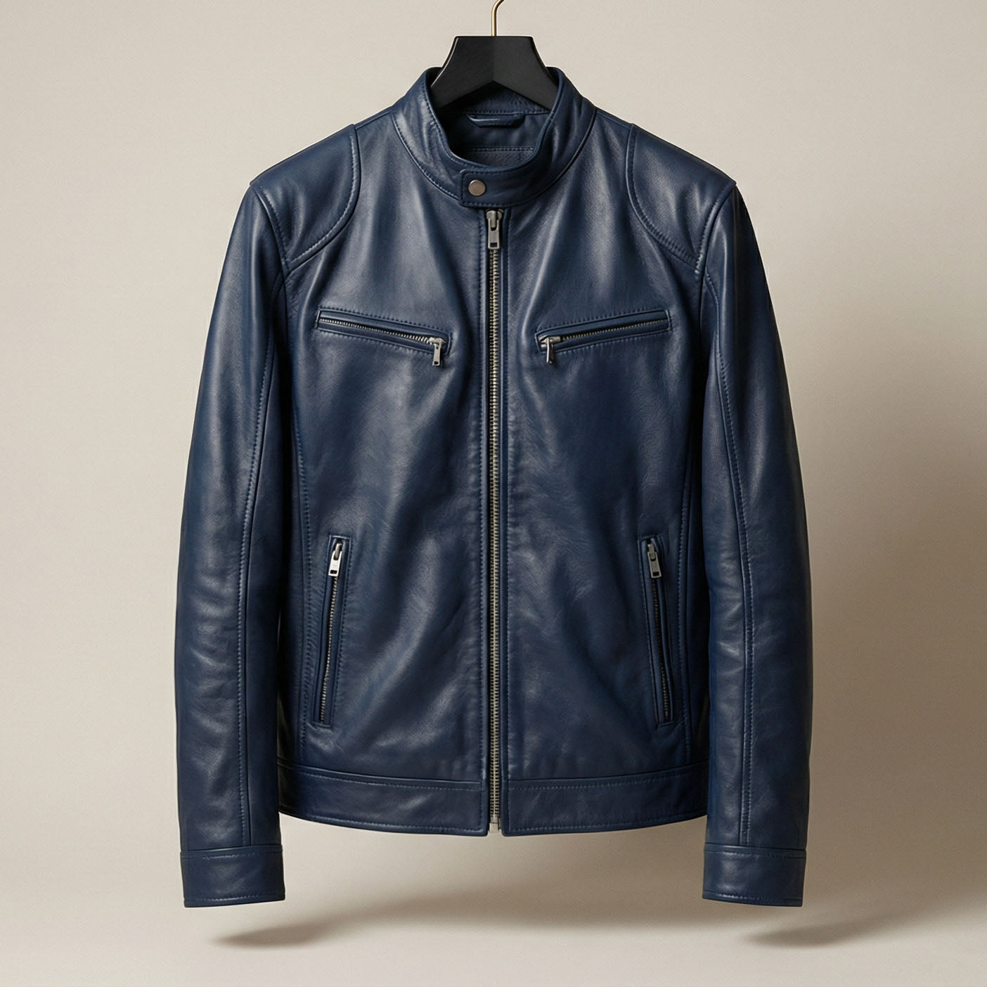 Men's Leather Zip Cafe Racer Jacket - detail view | Hensley London