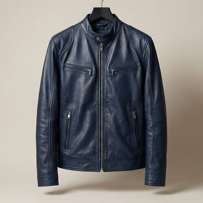 Men's Leather Zip Cafe Racer Jacket - detail view | Hensley London