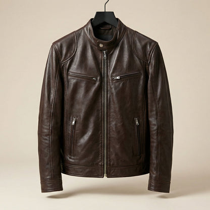 Men's Leather Zip Cafe Racer Jacket - detail view | Hensley London