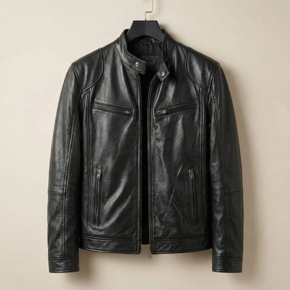 Men's Leather Zip Cafe Racer Jacket - detail view | Hensley London
