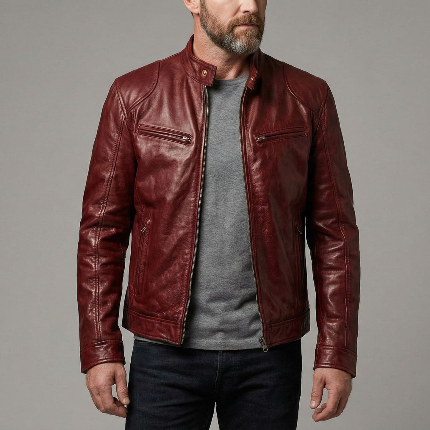Men's Leather Zip Cafe Racer Jacket - detail view | Hensley London