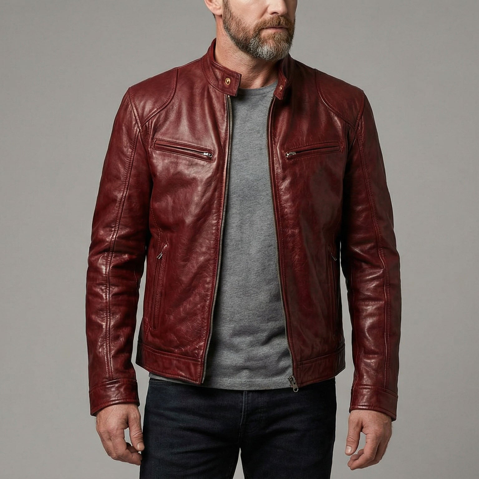 Men's Leather Zip Cafe Racer Jacket - detail view | Hensley London