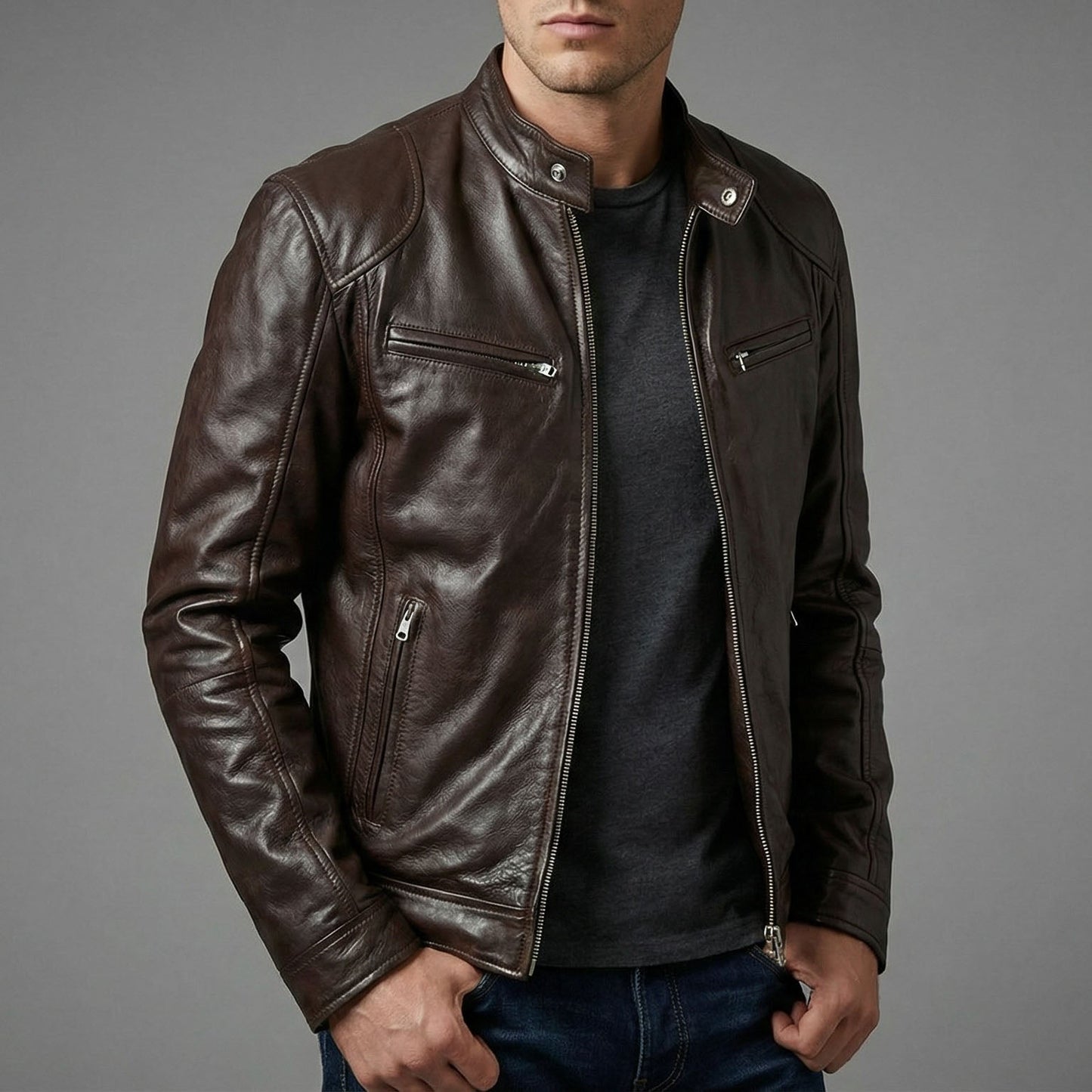 Men's Leather Zip Cafe Racer Jacket - detail view | Hensley London