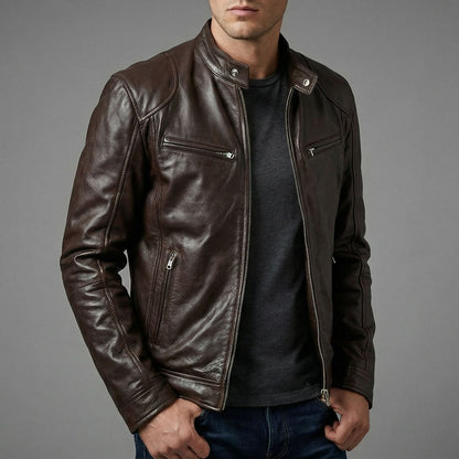 Men's Leather Zip Cafe Racer Jacket - detail view | Hensley London