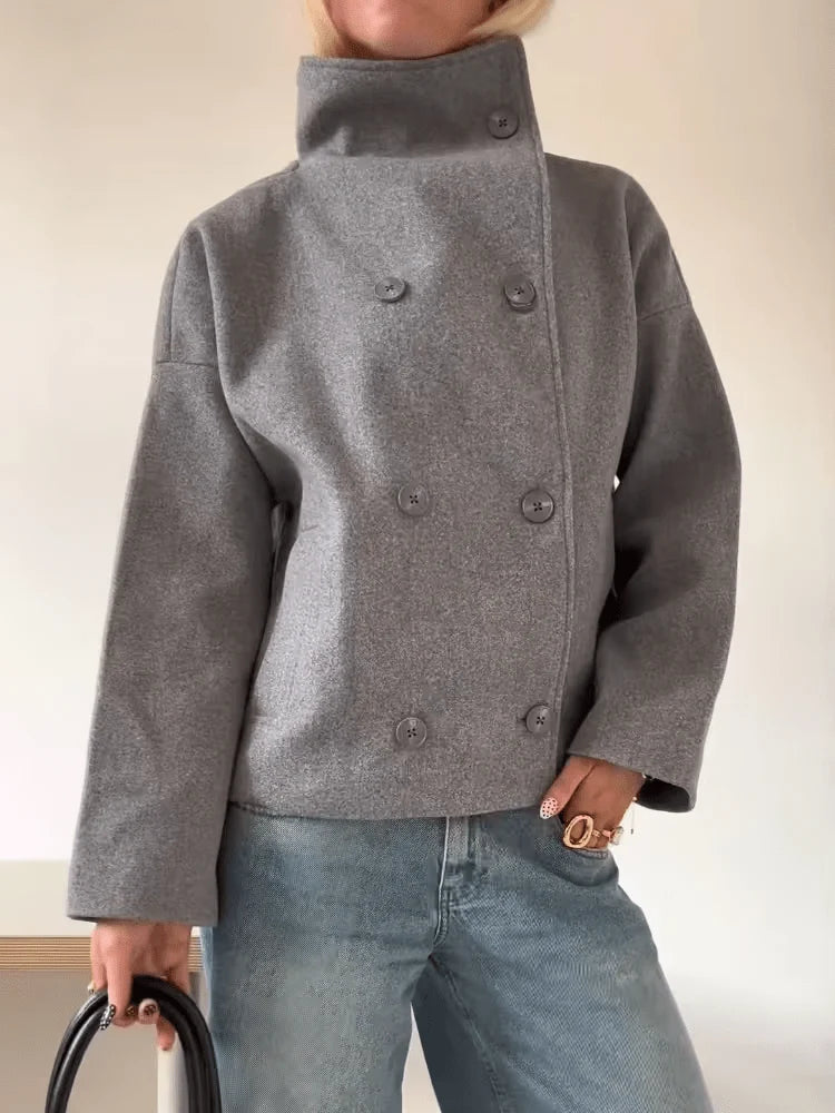 Women's Stand-Collar Double-Breasted Jacket – product view | Hensley London