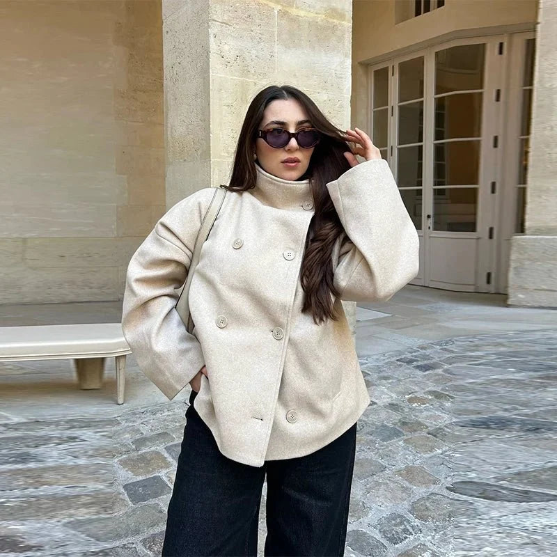 Women's Stand-Collar Double-Breasted Jacket in Creme – product view | Hensley London