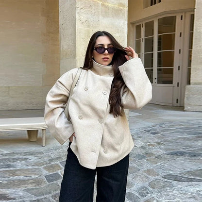 Women's Stand-Collar Double-Breasted Jacket in Creme – product view | Hensley London